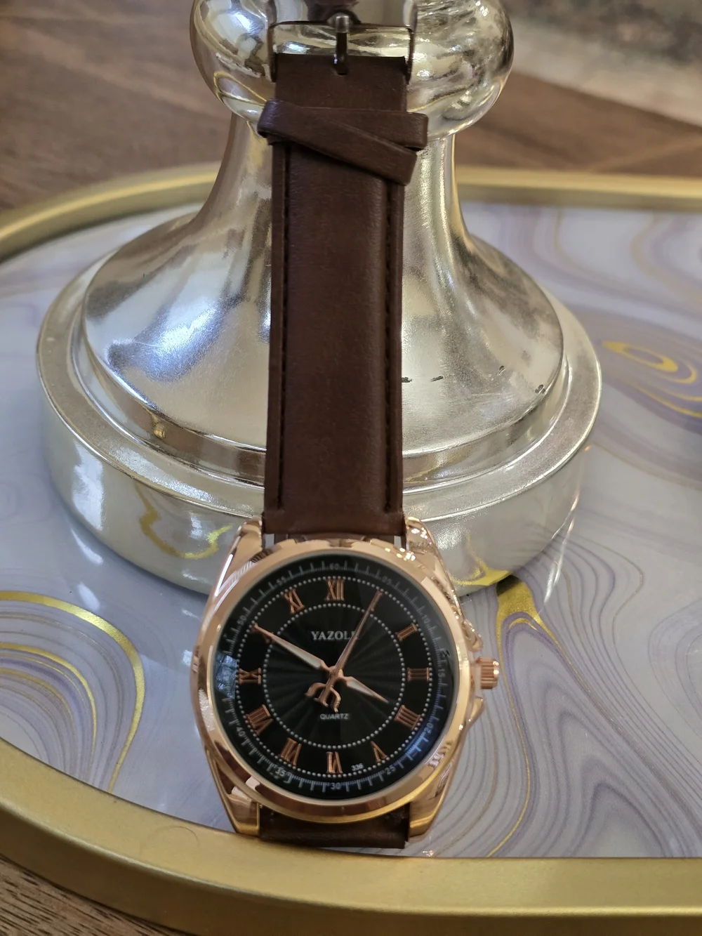 Men's Black Dial Brown Leather Strap Watch - Rose Gold Case